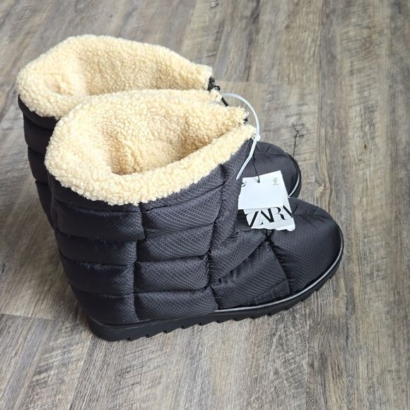 🐢  Zara Black Quilted Shearling Lined Snow Boots Size 10, EURO size 41 - Picture 5 of 10